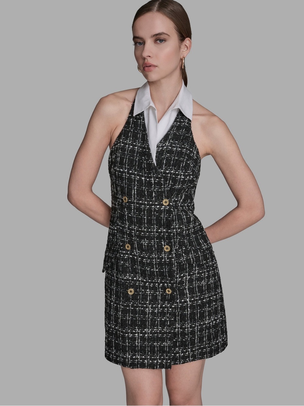 BCBG Tweed Halter Mini Dress NWT Size 10 Open Back Gold Button Collared Bouclé
